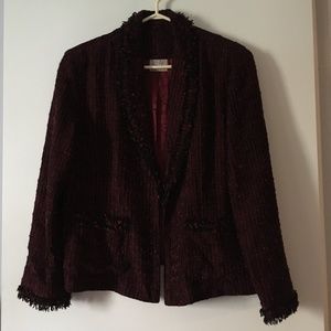 ZONDA NELLIS Burgundy + Black Chanel Style Boucle Tweed Fringe Trim Jacket L